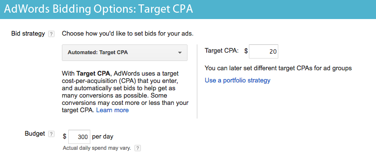 AdWords Bidding Options - Target CPA