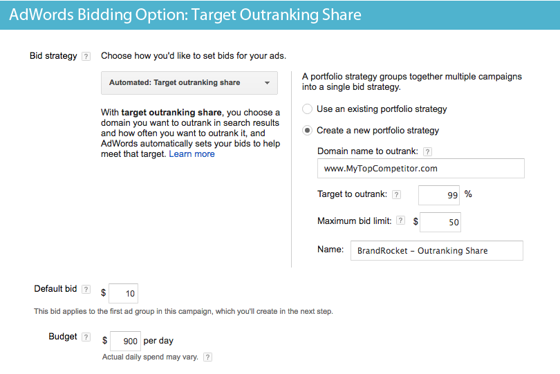 AdWords Bidding Options - Target Outranking Share